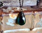 Emerald Green Glass Drop Pendant - Rough Wired Wrapped Drop with Gunmental Chain - Simple & Pretty
