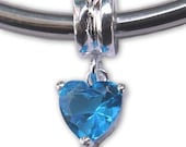 December Birthstone Blue Topaz Glass and Sterling Silver Heart Shaped Charm Bead For European Bead Bracelets