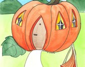 pumpkin house, 8x10 inch water color illustration print on paper. nursery room wall décor for baby shower
