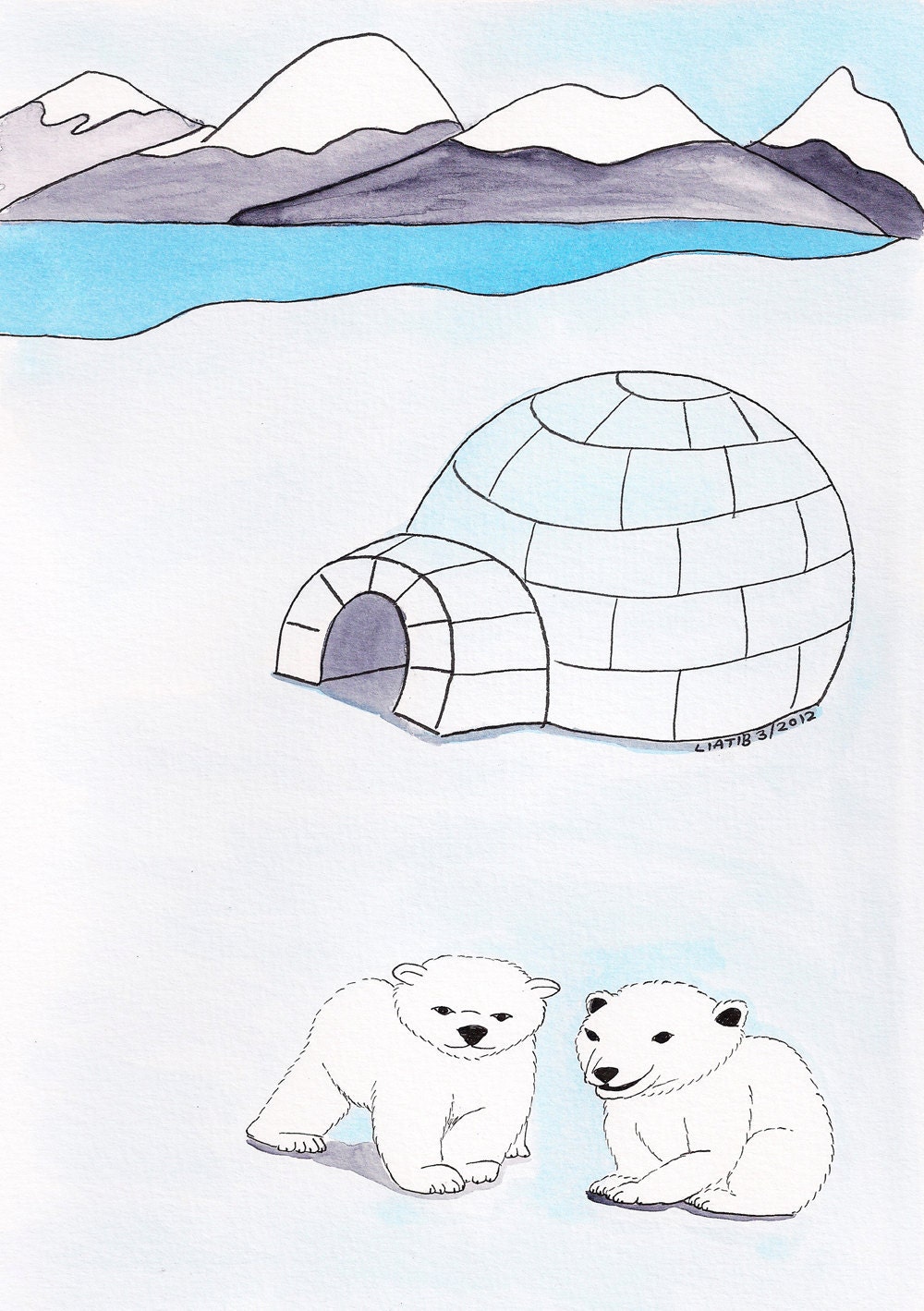 baby polar bear ,8x10 inch water color illustration print on paper. nursery room wall décor for baby shower
