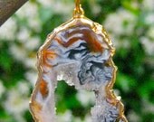 Sliced Druzy Fire Agate Geode Pendant - Gold