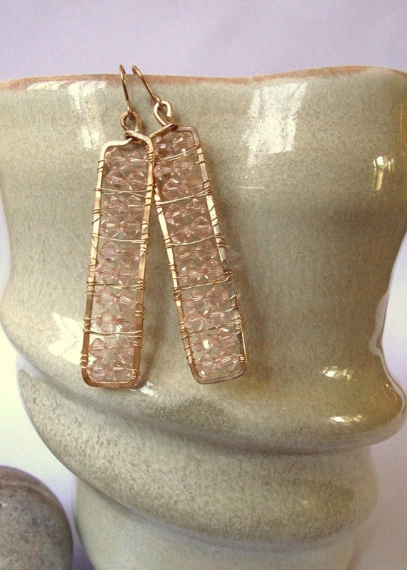 Hammered Gold Rectangle Earrings Wire Wrapped Crystal Handmade Jewelry