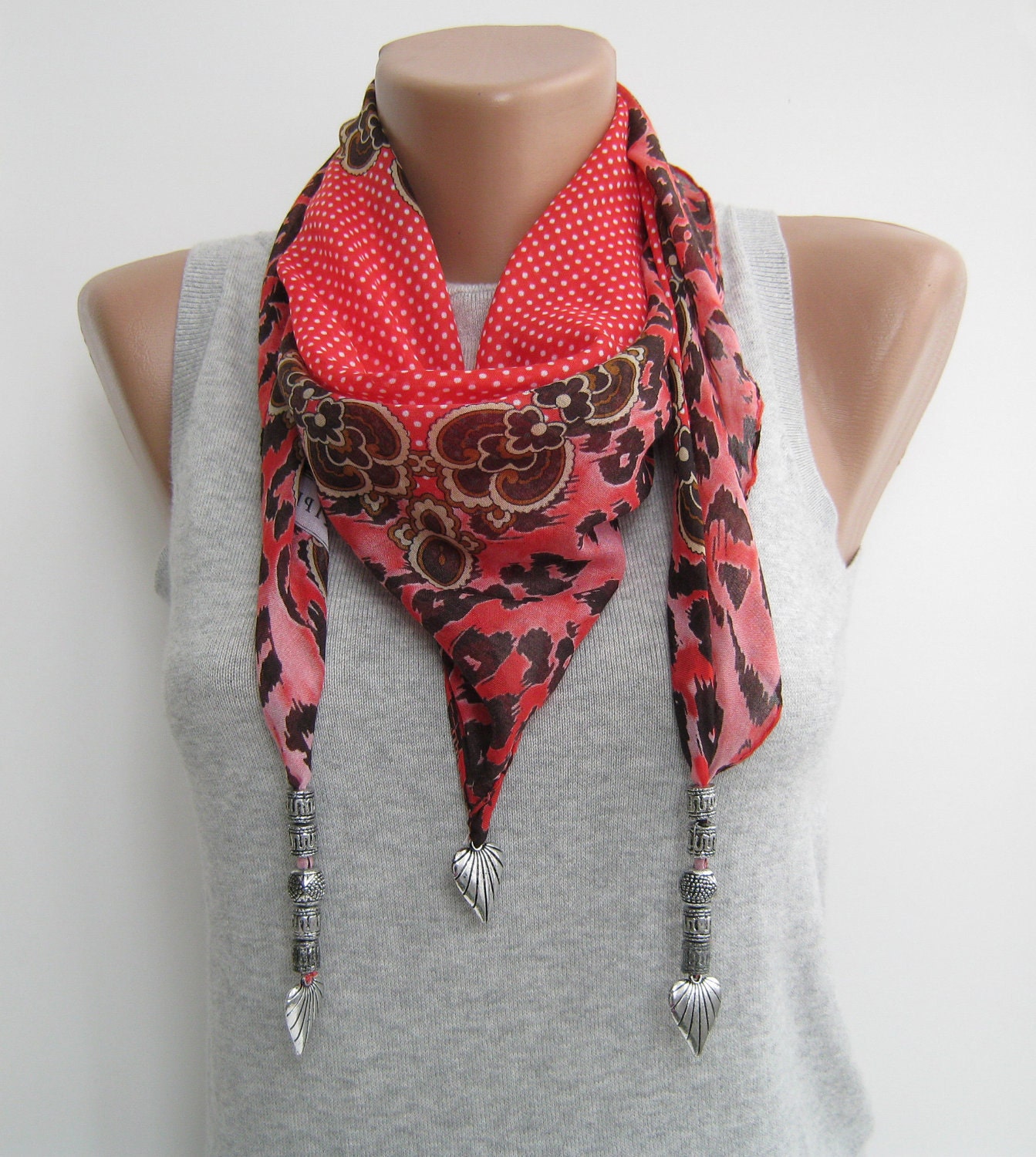 Red cotton triangle scarf with beads,spring scarf