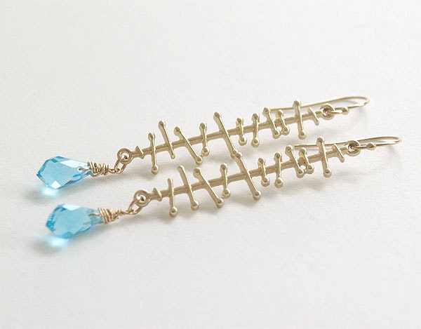 SALE - Blue and Gold Earrings - Gold Stick Earrings - Aqua Blue Earrings - Abstract Aqua Dangle Earrings on Gold Filled Earwires