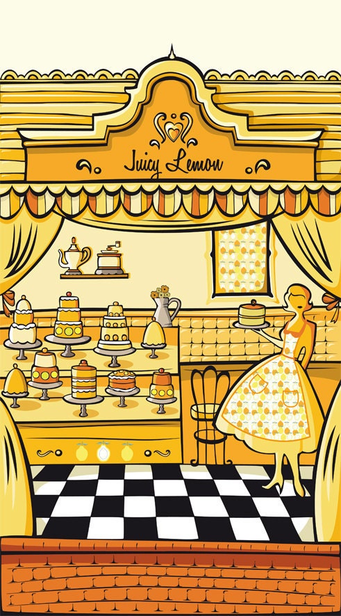 mid century kitchen 50's poster print modernist dinner yellow lemon cupcake