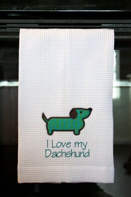 I Love My Dachshund Wiener Dog Custom Personalized White Waffle Weave Kitchen Towel Dish Cloth