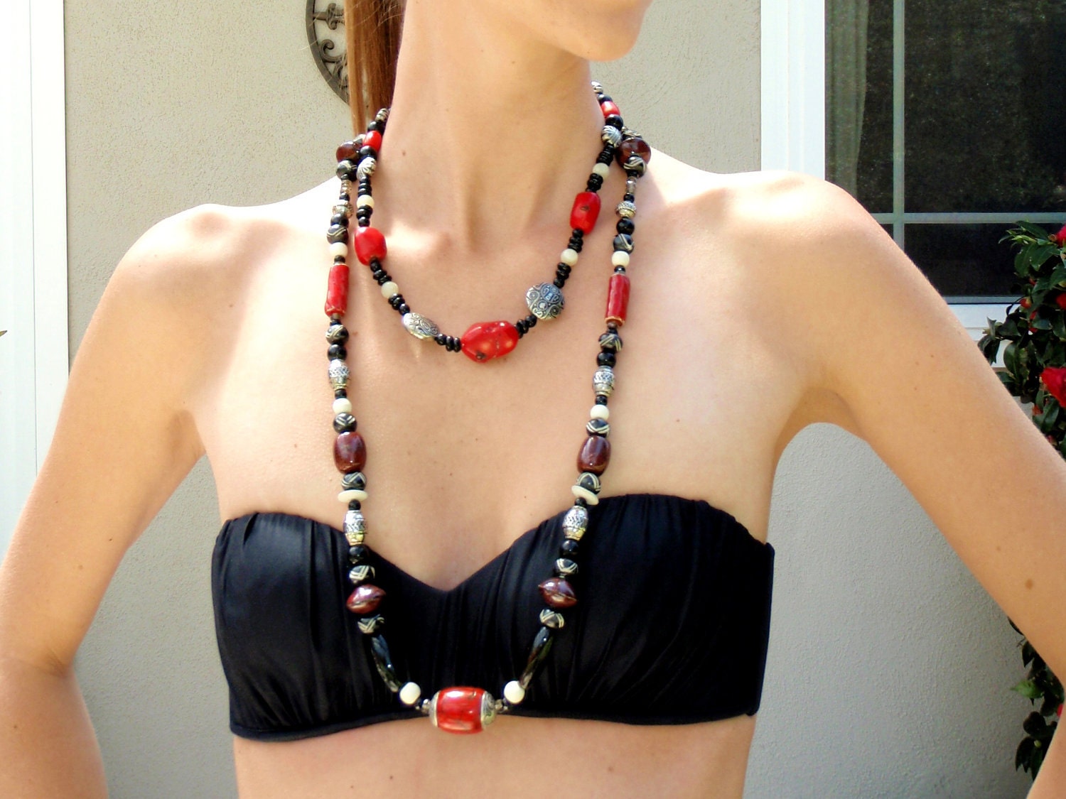 SALE 2 tribal beaded necklaces black / red / white