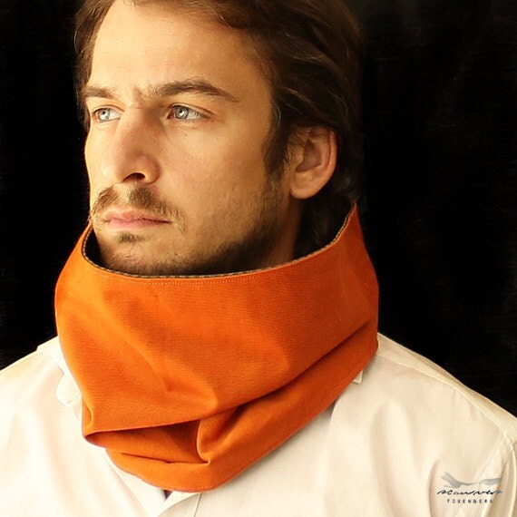Loop Scarf Men Reversible - Orange Cotton and Brown Wool - Gifts for men - ONLY ONE LEFT