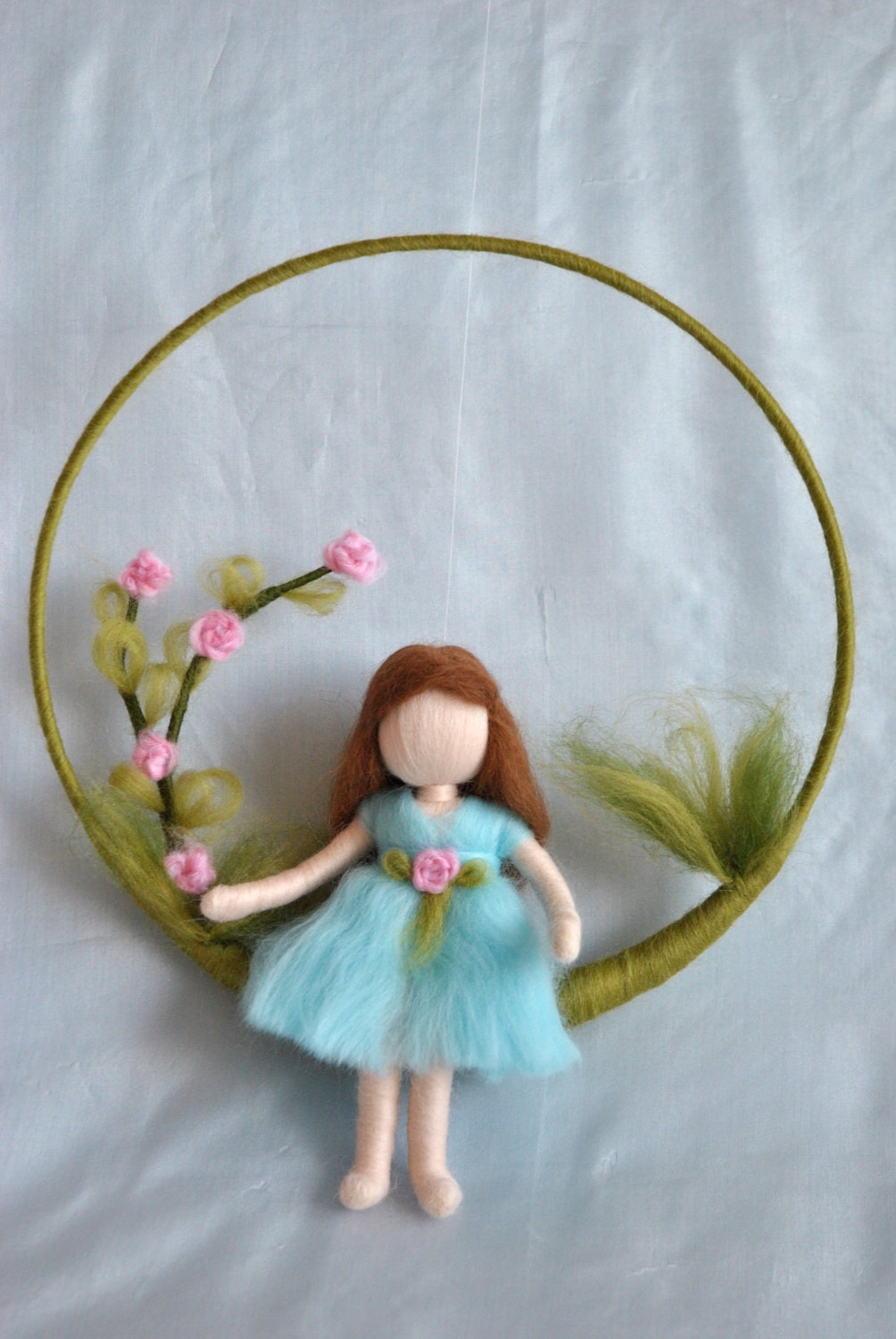 Waldorf inspired needle felted doll mobile: Girl with roses