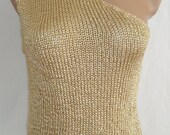 ON SALE Hand knitted single shoulder gold blouse for summer and spring