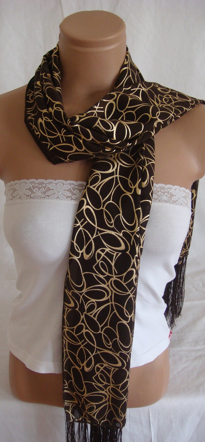 Custom Designed Gold Patterned High Quality Fabric Chocolate Brown Women Shawl Scarf with Fringe