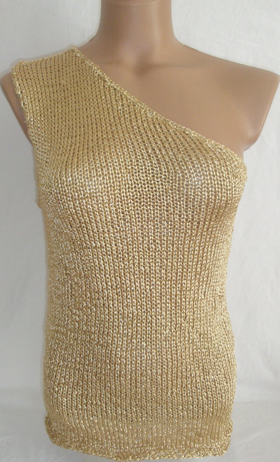 ON SALE Hand knitted single shoulder gold blouse for summer and spring