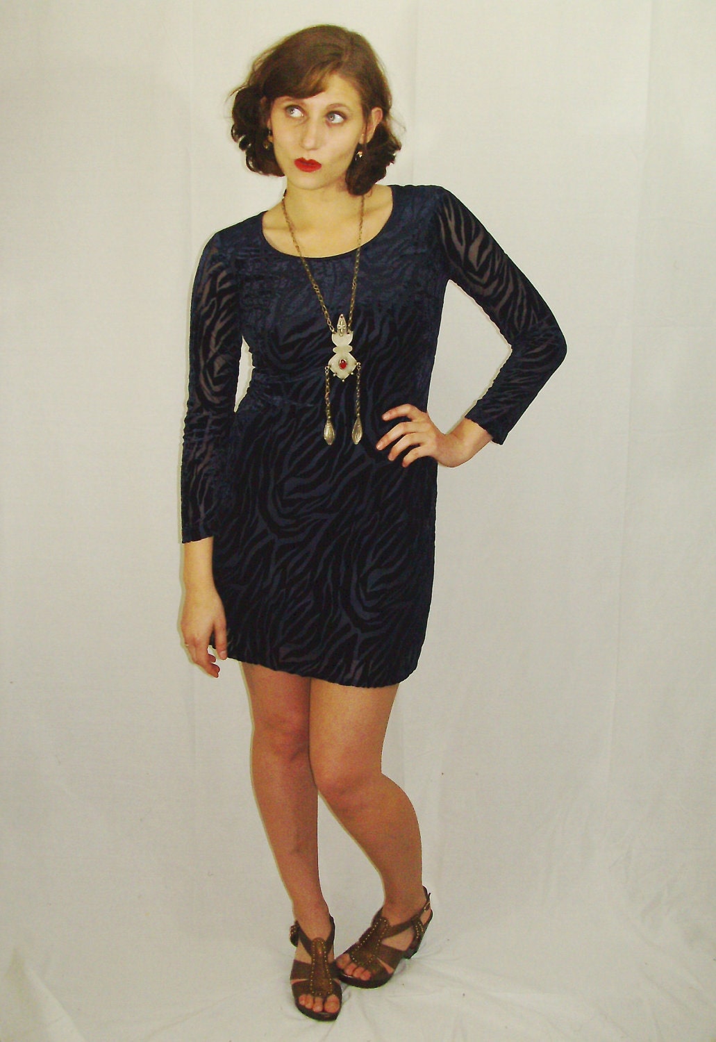 S A L E   Midnight.. Vtg 80s Burnout VELVET Zebra Dress