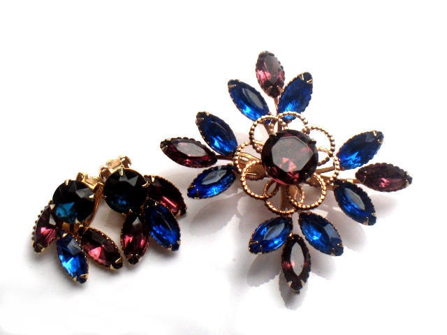Vintage Brooch And Earrings Purple and Blue Rhinestone Set Demi Parure 1950s Collectable Jewelry February Color