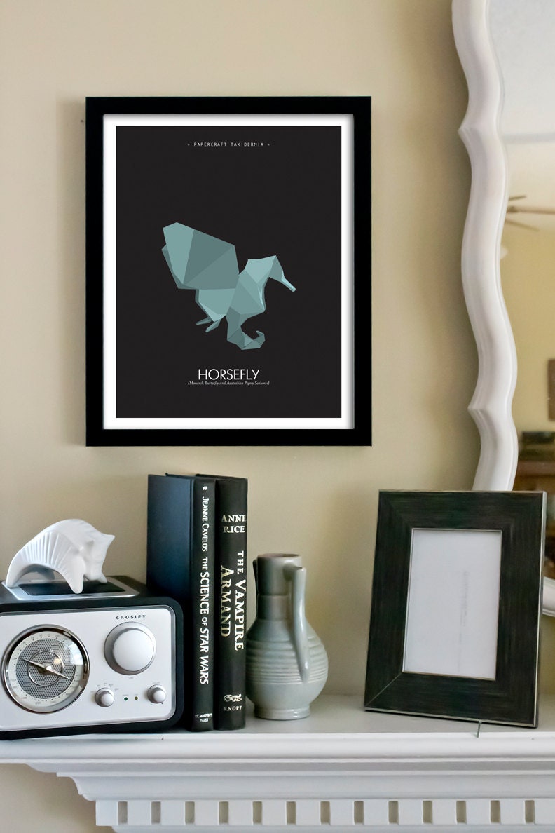 Papercraft Taxidermia: 11"x14" Origami Inspired Seahorse and Butterfly Illustration