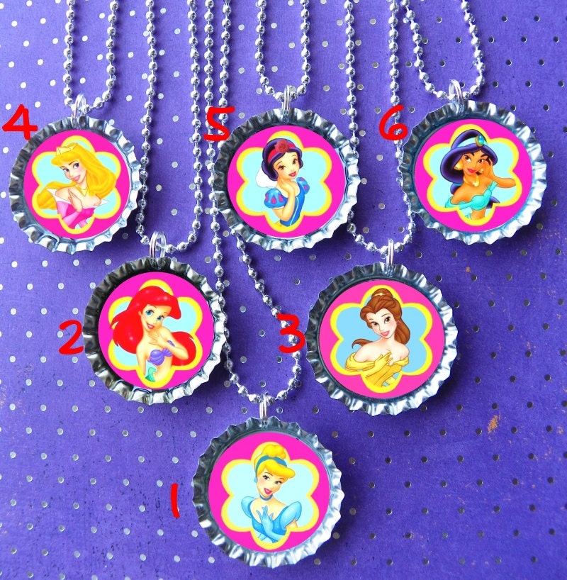 Princess party bottle cap necklace Party Favor pack (6)  / contact me for other quantities needed