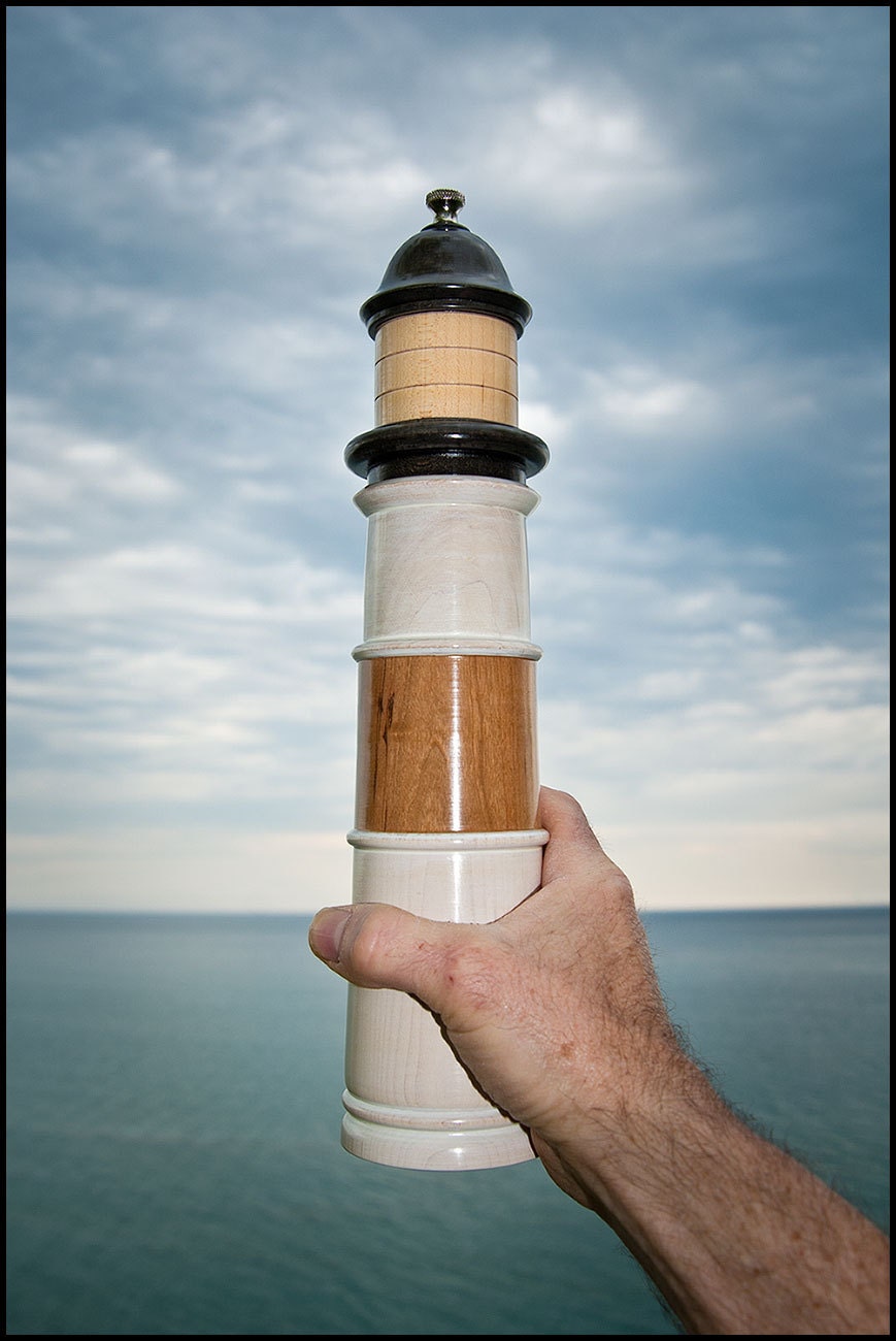 Lighthouse Pepper Mill in Whitewashed Maple & Natural Cherry Wood Stripe with Maple Lantern in Partial Black Stain