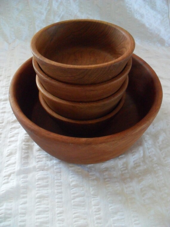 Teak Wood Salad Bowl Set of 5 Serving Bowl plus 4 by ZeeJunkHunter