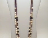 Purple Crystal Necklace, Freshwater Pearl Necklace, White and Purple Layered Necklace