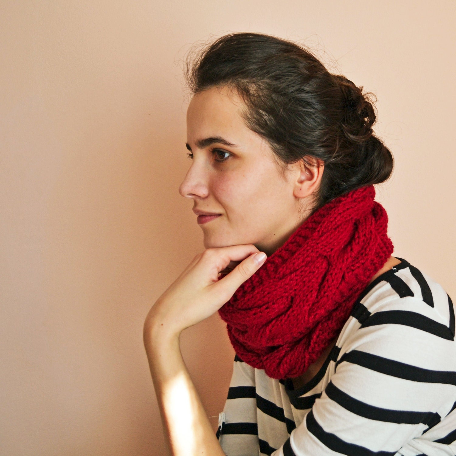 Cherry - hand knitted very long scarf - wool - Valentine's day scarf, long shawl, nautical, love