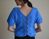 Dreamy azure blue - knitted blouse, with lacy back and sleeves - golden anchor buttons READY TO SHIP