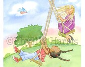 Children's Wall Art Print - Swinging for Joy - Little Girl's Room decor, purple and green