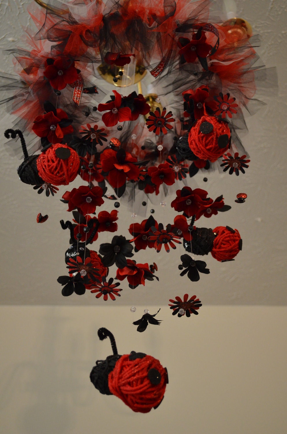 Floating LadyBug Mobile Black/Red Nursery Decor, Baby shower gift