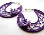 Purple Crocheted Spider Hoops Earings Purple with  Lavender Butterfly Dangle Gossamer Jewelry for Summer