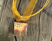Scrabble (c) tile Necklace with Big Yellow Flower, Brown