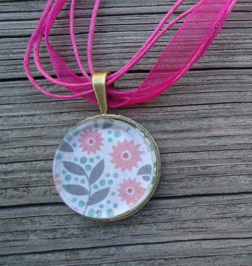 Cute Pink Flowers Glass Tile Pendant Necklace