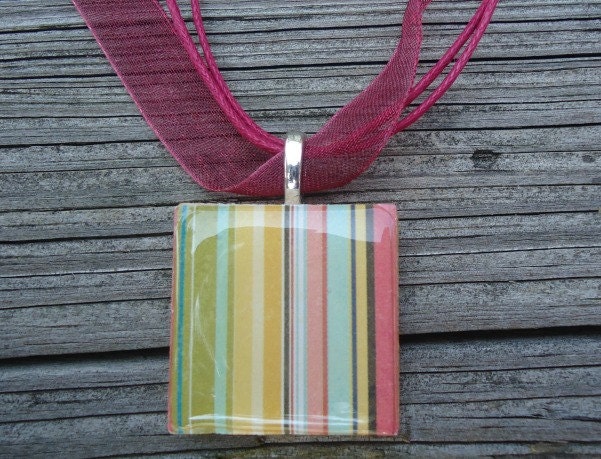 Colorful Stripes, Festive and Shiny, Wood Tile Necklace