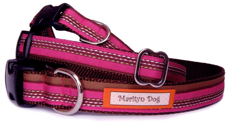 Pink dog collar Multi stitch ruby mocha ribbon pet collar small dog large dog Matching dog leash & dog harness are available.