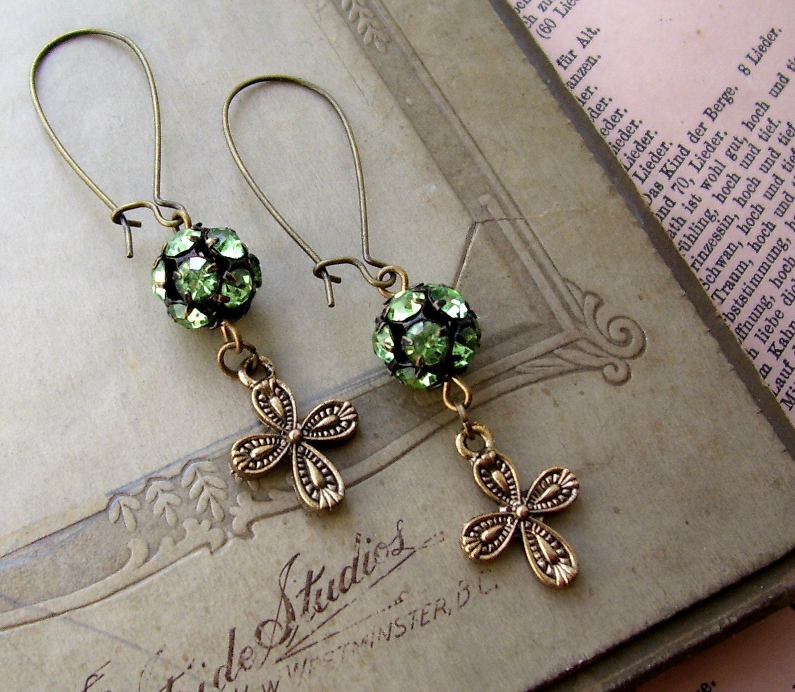 Rustic Romantic Dangle Earrings, Vintage Green Rhinestone, Antique Brass Cross