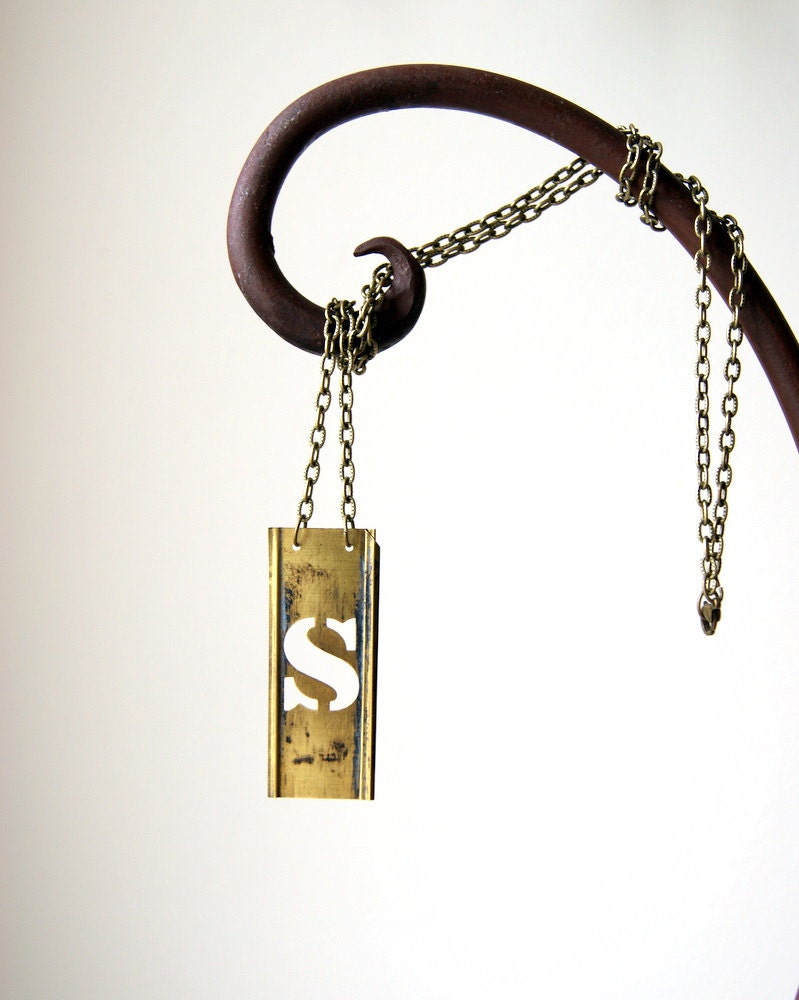 Initial Necklace - vintage brass stencil letter - S - other numbers and letter available