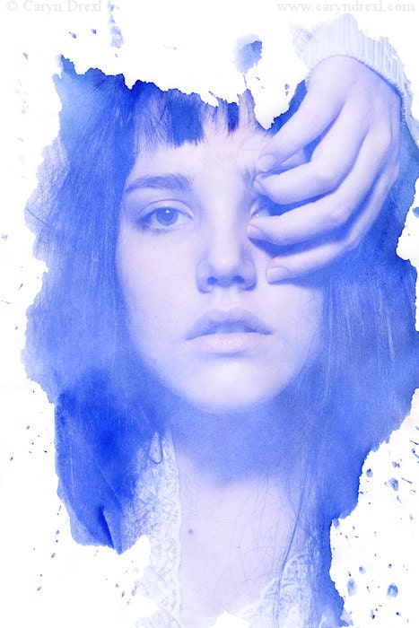 Water Color Stains 2 - FREE SHIPPING - Print Girl Portrait Face Eye Hand Blue White Splatter Ink Surreal Watercolor Photo Art