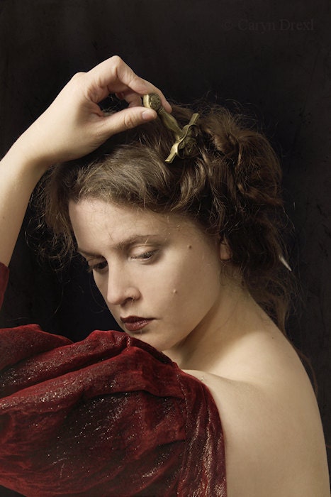 Hold Onto Your Heart - FREE SHIPPING - Print Red Gold Dagger Knife Woman Vintage Dark Portrait Photo Antique Small Surreal Art