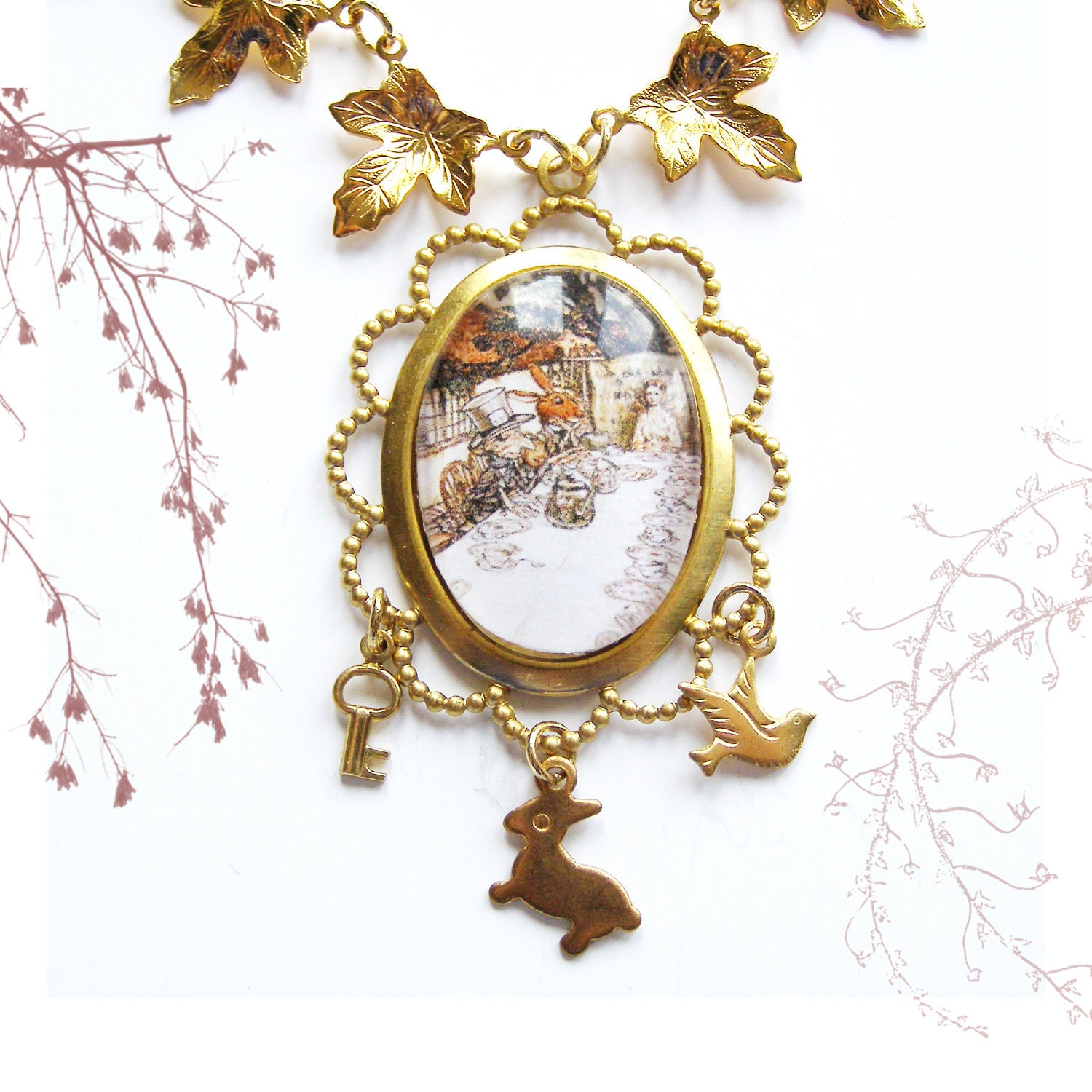 Alice in Wonderland Necklace .. Alice and the Mad Tea Party .. with Large Glass Charm and Gold Plated Leaves OOAK