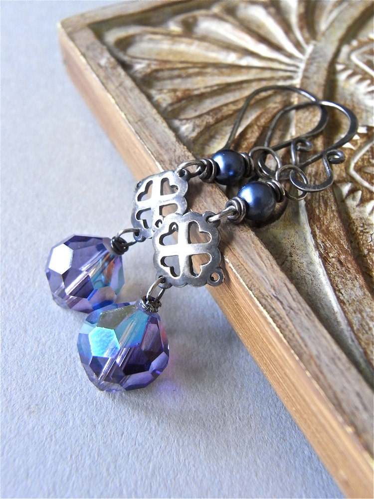 Earrings - vintage Swarovski crystal, sterling silver, akoya saltwater pearl - Violaceae ((last pair))