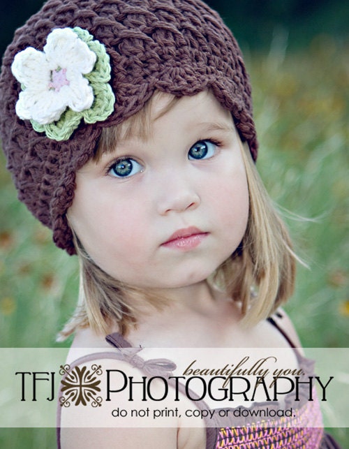 Girls Hat, Child Hat, Crochet Hat, 12-24 months Shell Beanie with Flowers -brown, celery, soft ecru, pink, Free US Shipping