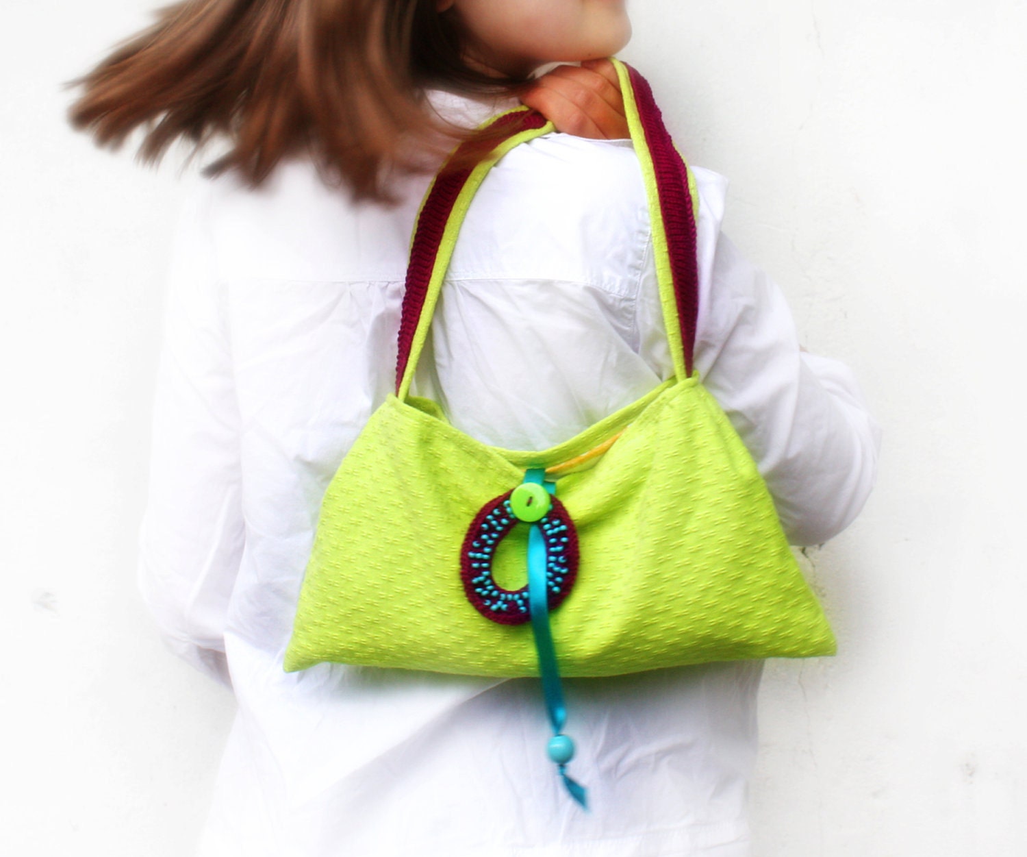 Lime green purse cotton purple knitted bag teal ribbon blue beads colour block handbag fashion memake handmade handbag