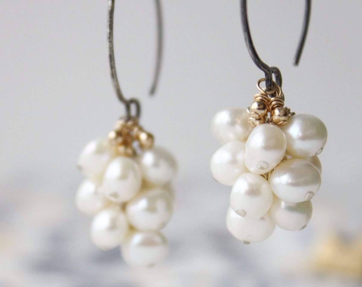 pearl cluster earrings, bridal jewelry, white wedding earrings, sterling silver mixed metal