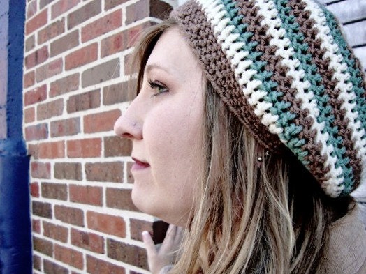 Slouchy Hat in Oatmeal, Barley Brown, and Sage Green Earthy Stripes - Crochet Slouch Beanie for Baby / Toddler / Boy / Girl / Man / Woman