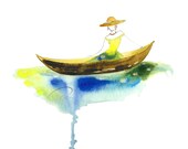 Pondering Paradise - Art Print classic Victorian fashion sketch design watercolor Lady Shalott painting woman spirit boat Oladesign 11x14