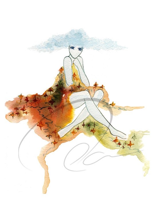 Earthen Blanket - Art Print Watercolor nature fashion sketch spirit woman mountain dress rivers blue cloud bathroom bedroom Oladesign 5x7