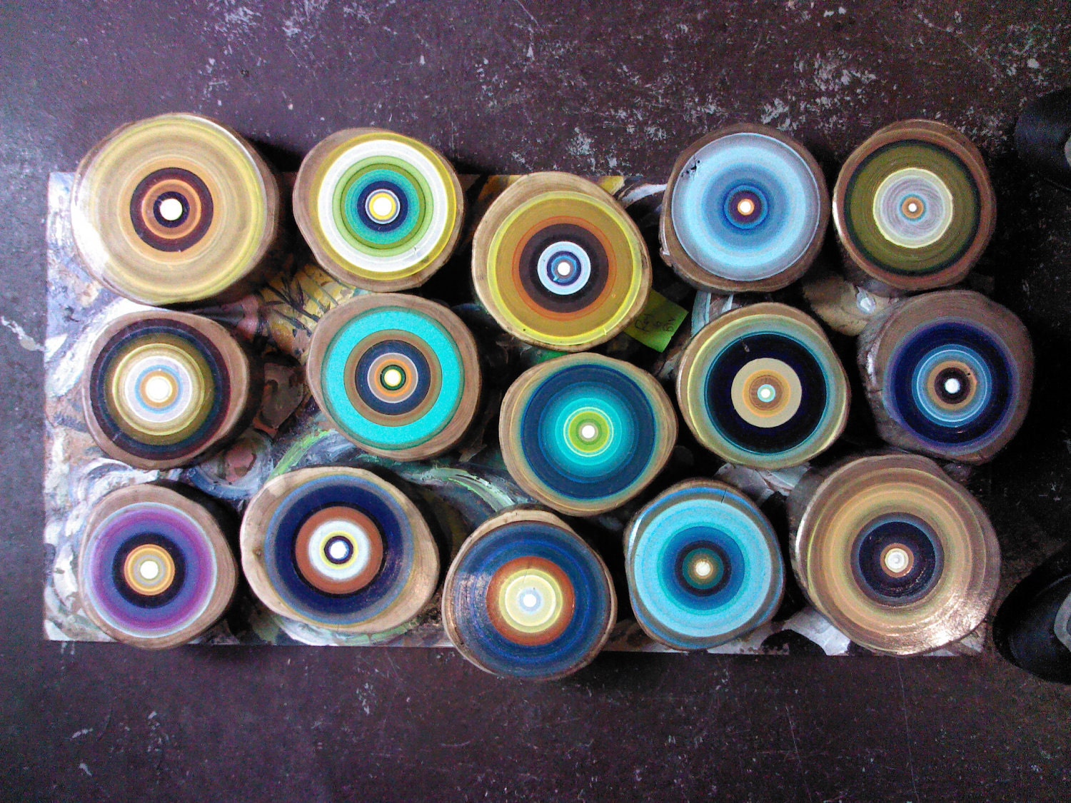 Fifthteen Modern Rustic Tree Ring Paintings Original Artwork on Sliced Wood Very Large