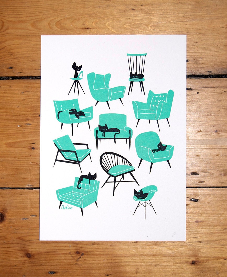 Cat Naps - A4 - 2 colour screenprint
