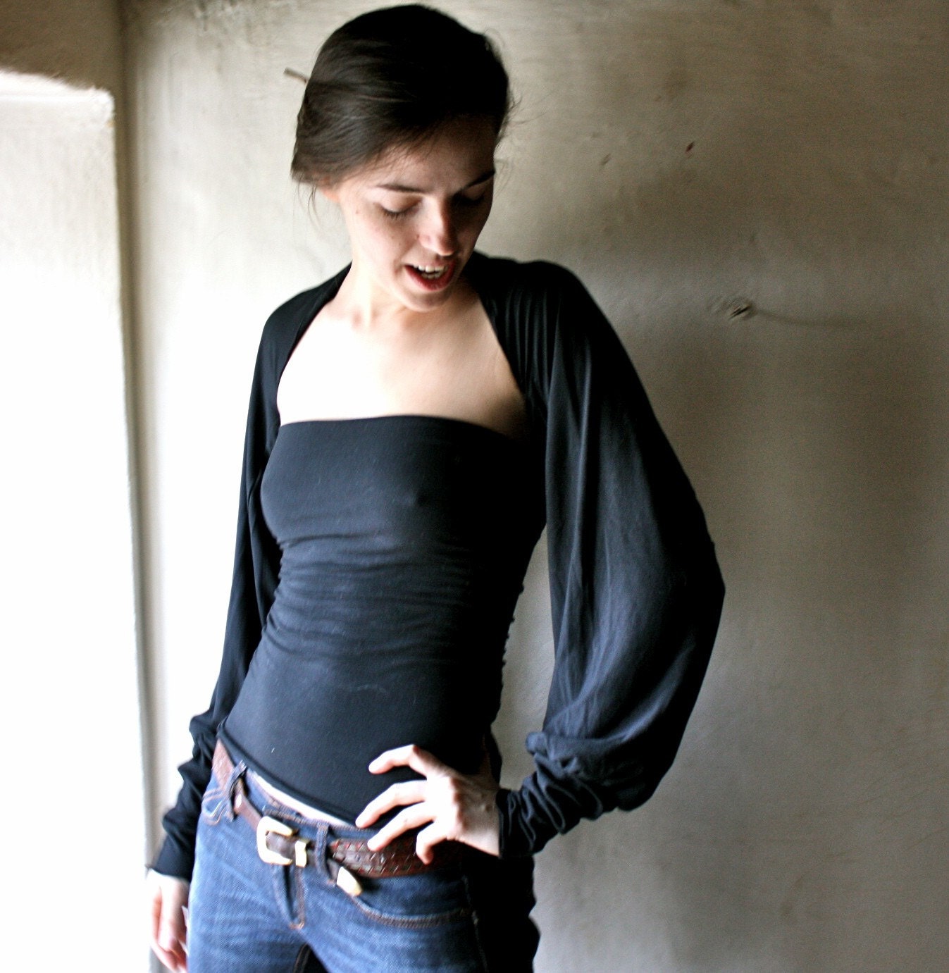 Long Sleeved Shrug in black jersey womens cropped bolero top