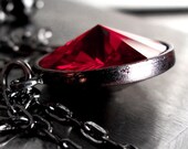 Blood Red Crystal Neckace, Gothic Goth Swarovski Siam Red Rivoli Crystal Pendant, Long Gunmetal Black Chain, Long Layering Necklace