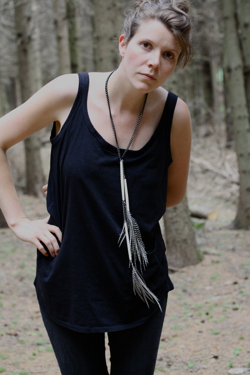 Long Necklace . Extra Long Feather Necklace - Black and White Long Necklace