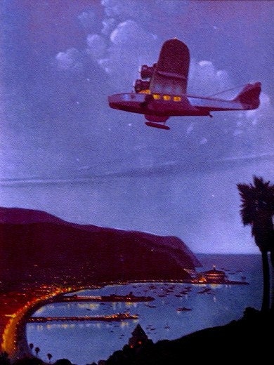 MOONLIGHT OVER AVALON Deco Island Travel Douglas Dolphin Flying Boat over Catalina Island - California